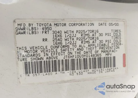 2000 Lexus Rx 300 from USA, damaged, VIN JT6HF10U3Y0148365